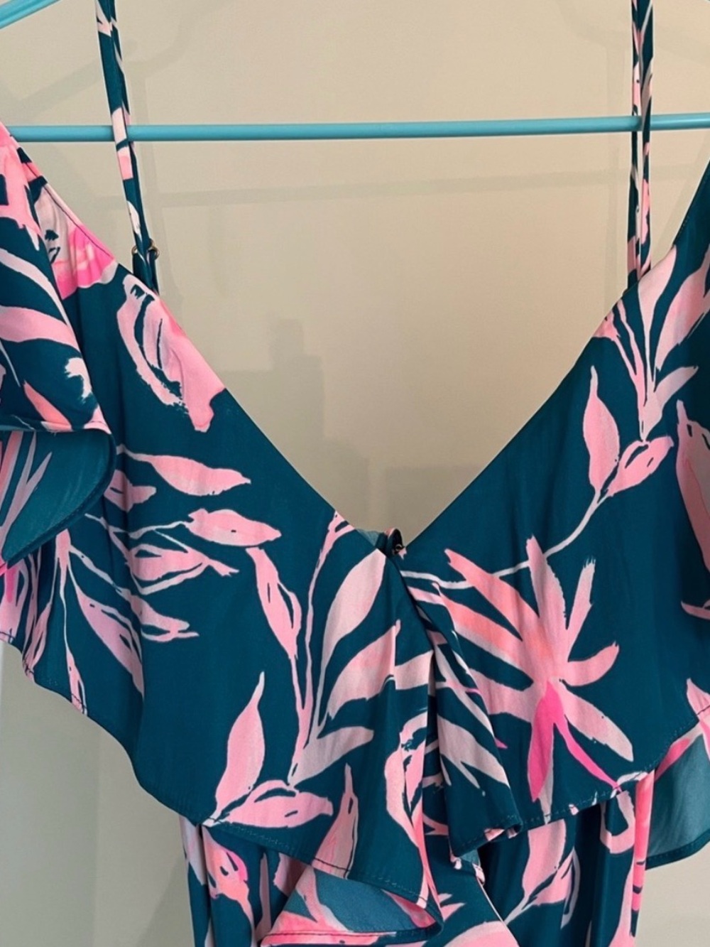 Lilly Pulitzer Emilia Teal & Pink Cold-Shoulder Jumpsuit XS - Picture 3 of 7
